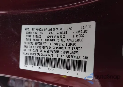 2016 Honda Accord Sport z USA, uszkodzony, nr VIN 1HGCR2F50GA043423